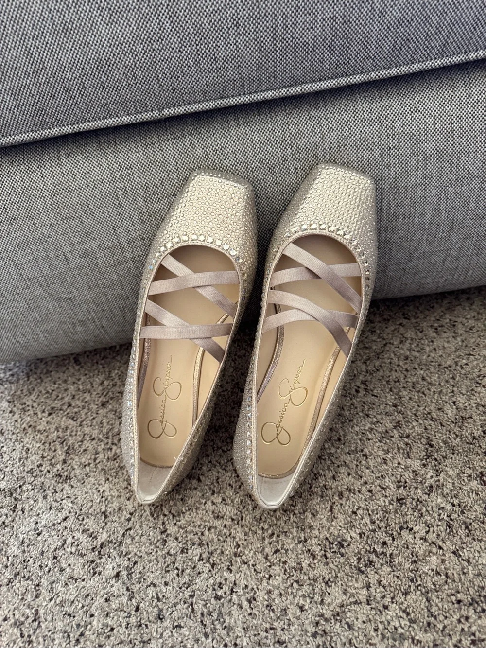 Jessica Simpson Crystal-Embellished Gold Ballet Flats with Cross Straps